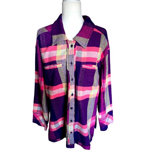 Free People So Long Summer Plaid Flannel Button Down Pink Purple Sm/Med NWT - Picture 2 of 13